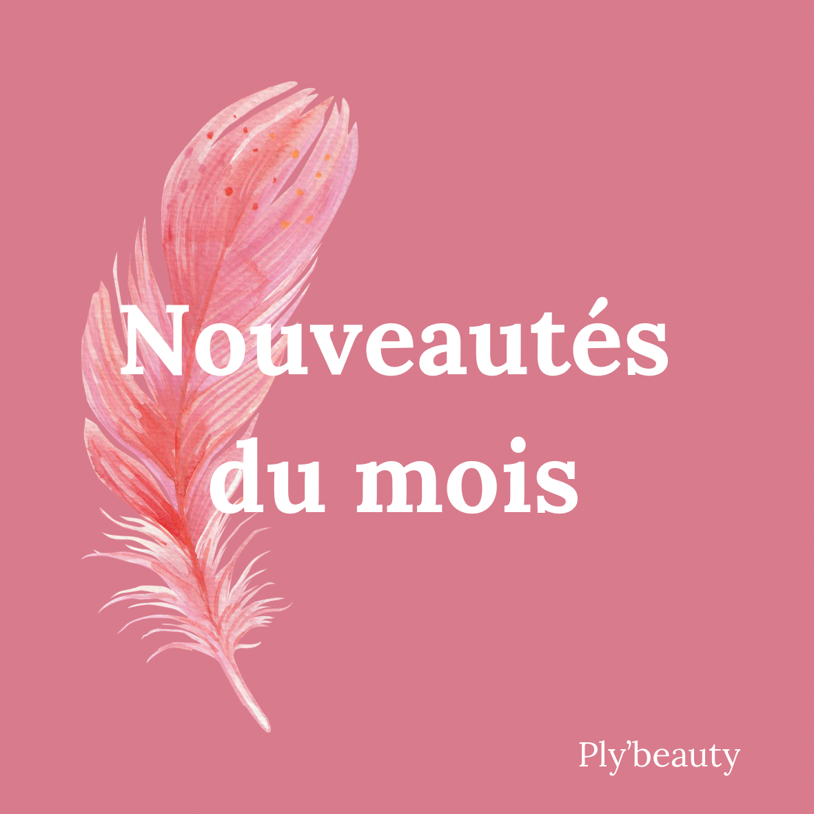 Fond rose décoré d’une plume rose sur le côté gauche, avec le texte “Nouveautés du mois” en blanc centré. Signature “Ply’beauty” en bas à droite.