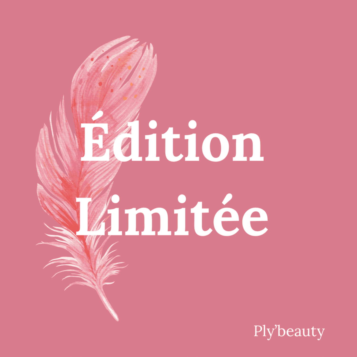 Image à fond rose avec une plume rose sur le côté gauche et le texte “Édition Limitée” en blanc au centre. Signature “Ply’beauty” en bas à droite.