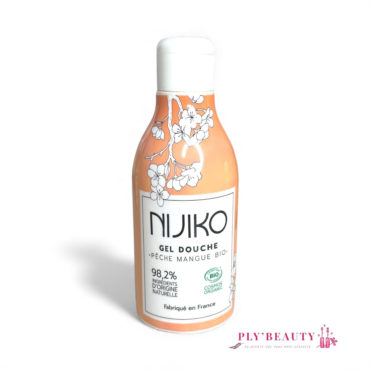 Gel douche Nijiko pêche mangue bio 200 ml – 98,2% ingrédients naturels – fond blanc 