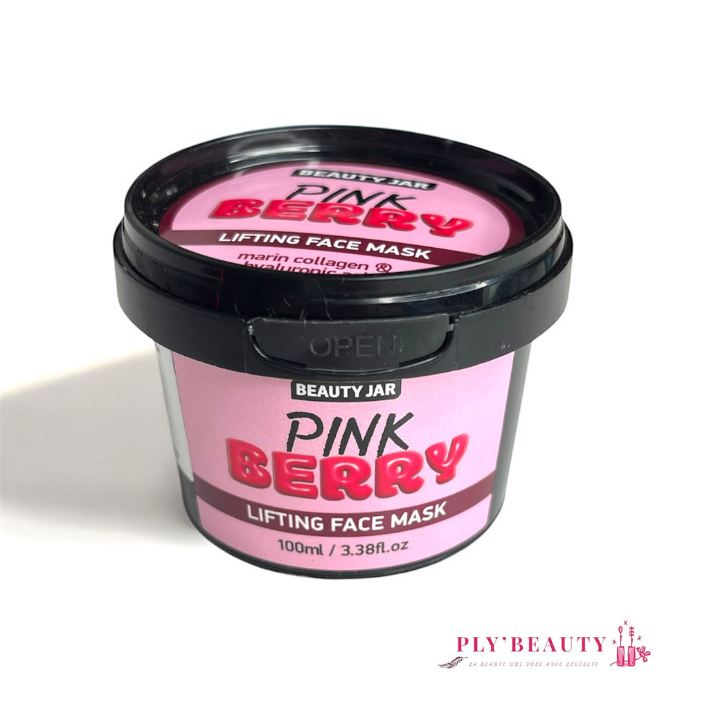 Masque visage lifting Beauty Jar Pink Berry 100 ml, enrichi en collagène marin et acide hyaluronique, pot rose et noir fermé, packaging gourmand effet framboise.