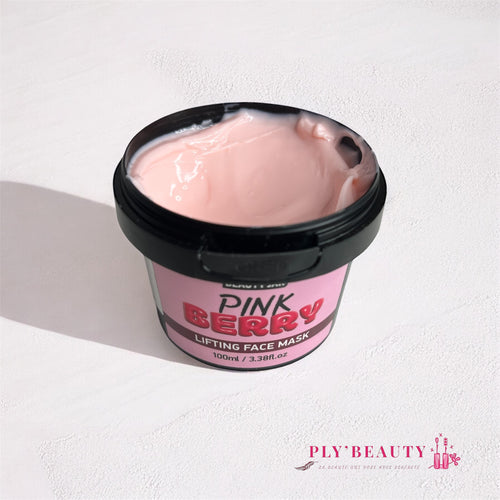 Masque visage Beauty Jar Pink Berry 100 ml, texture onctueuse rose visible dans un pot noir et rose, soin lifting enrichi en collagène marin et acide hyaluronique.
