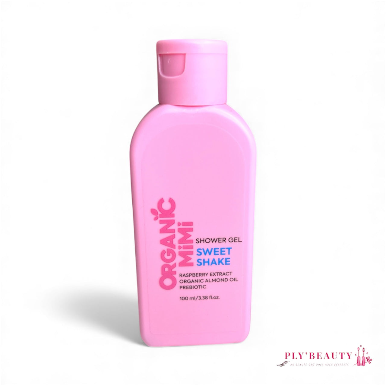 Gel douche Organic Mimi Sweet Shake 100 ml, enrichi en extrait de framboise, huile d’amande bio et prébiotiques, flacon compact rose vif avec inscription rose et bleue.