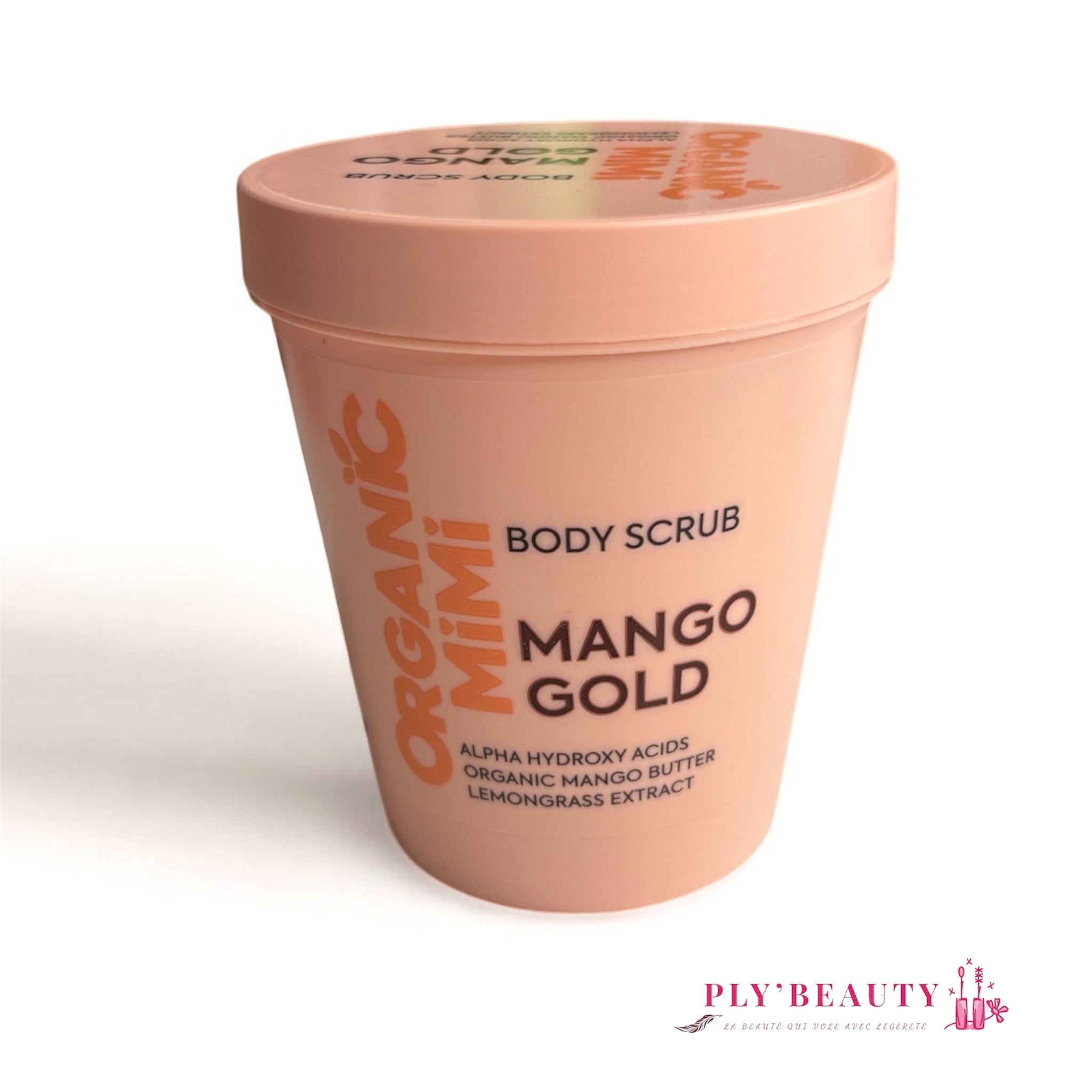 Gommage corps Organic Mimi Mango Gold 250 ml – pot pêche avec inscriptions orange