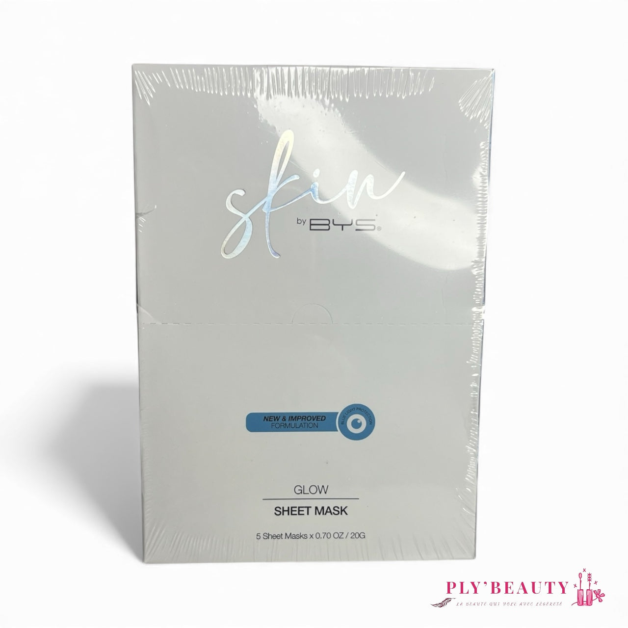Boîte Glow Sheet Mask Skin by BYS – 5 masques tissu – photographie fond blanc – Ply’Beauty
	•	Masques tissu éclat Skin by BYS – vue de face
