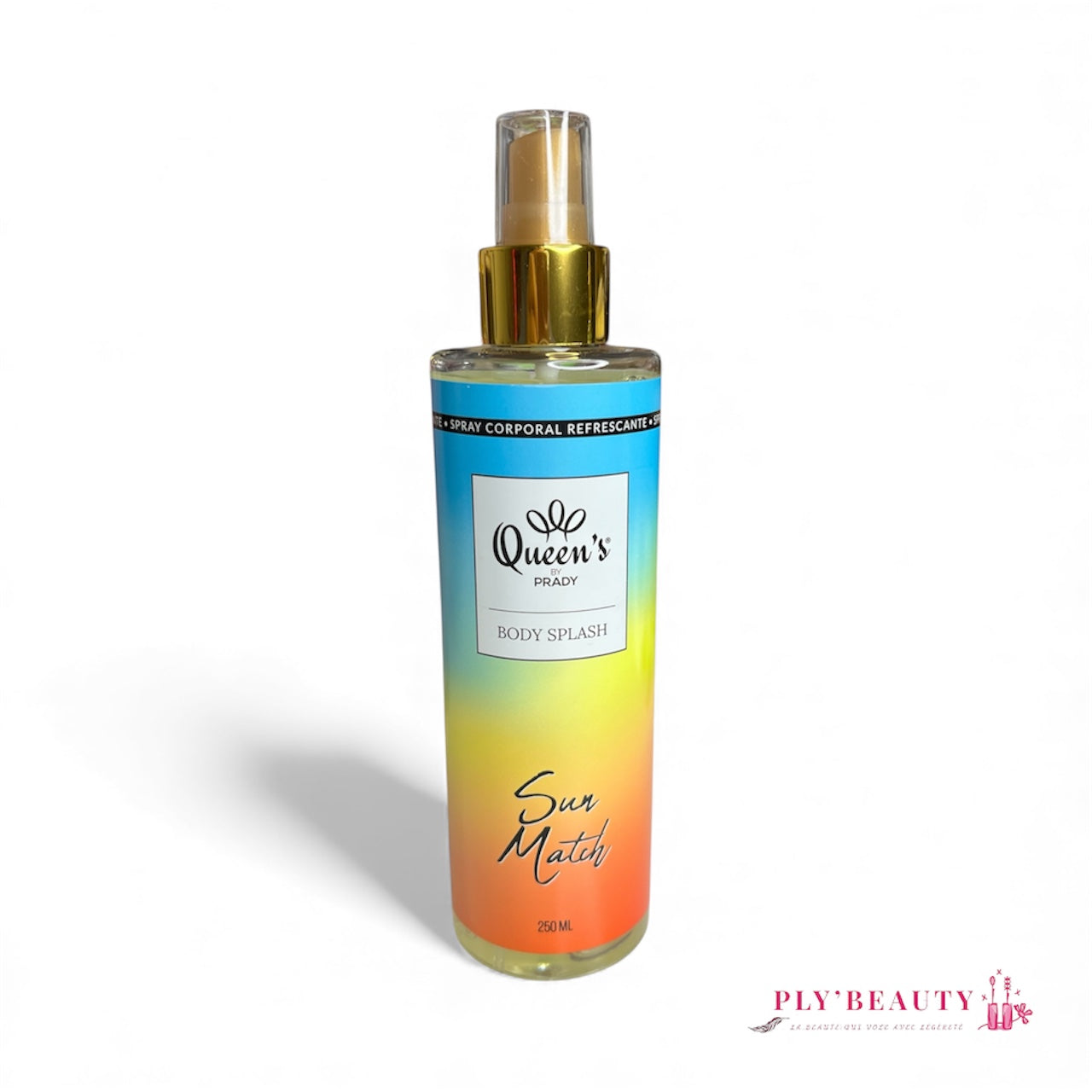 Body splash Queen’s by Prady Sun Match 250 ml, brume rafraîchissante parfum soleil d’été, flacon dégradé bleu-jaune-orange avec bouchon doré.