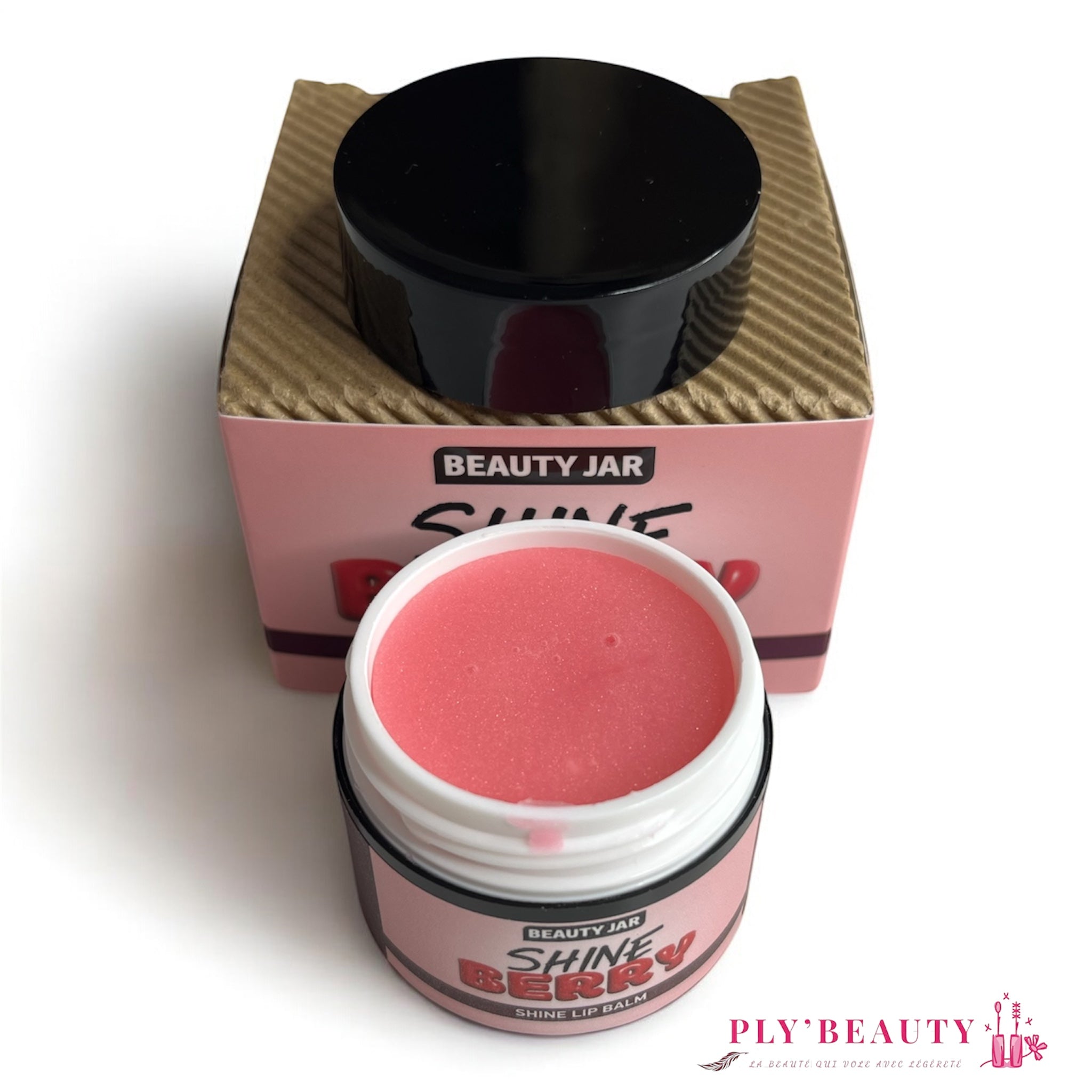 Baume à lèvres Beauty Jar Shine Berry ouvert – texture rose glossy visible dans le pot.
