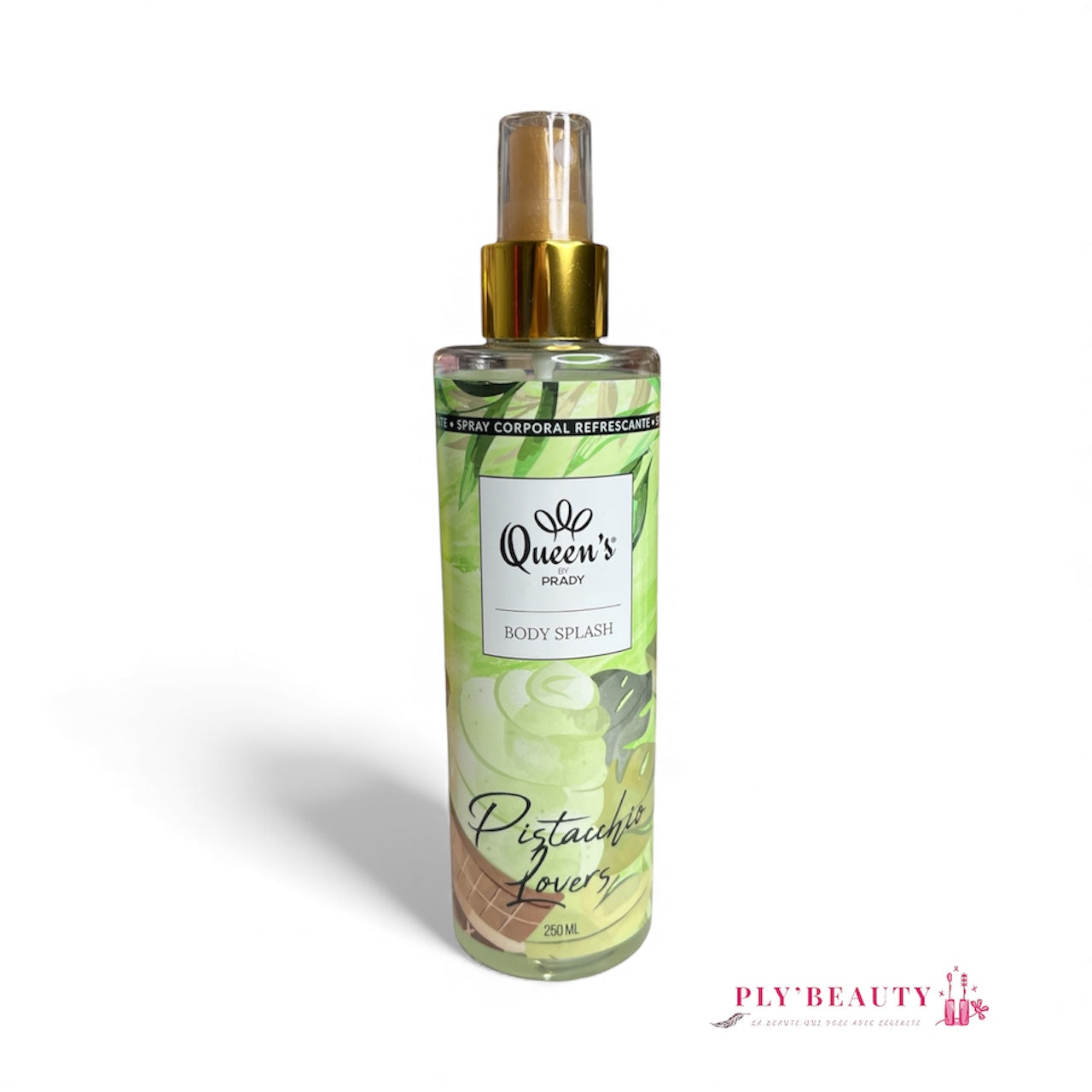 Spray corporel Queen’s by Prady Pistachio Lovers 250 ml, brume parfumée pistache sucrée, flacon vert illustré avec cornet de glace et bouchon doré.
