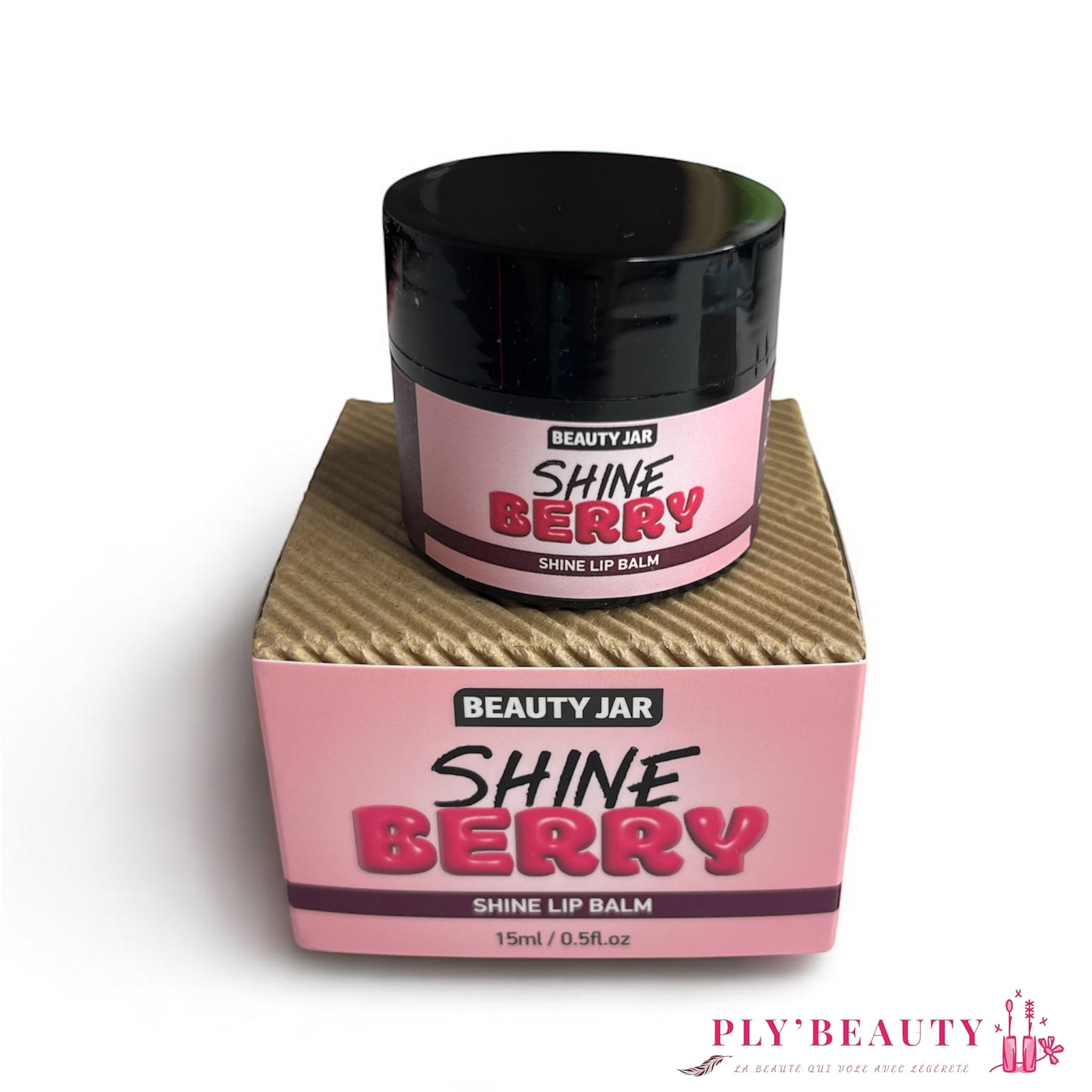 Baume à lèvres Beauty Jar Shine Berry – pot noir 15 ml présenté sur son packaging rose, effet brillant. 