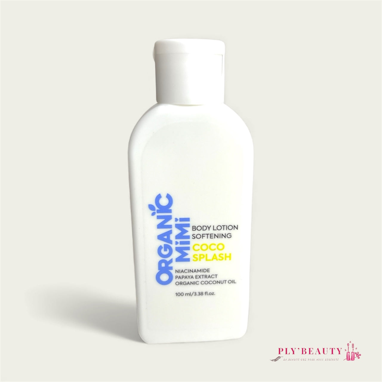 Lotion corporelle adoucissante Organic Mimi Coco Splash 100 ml, enrichie en niacinamide, extrait de papaye et huile de coco bio, flacon blanc compact avec écriture bleue et jaune.