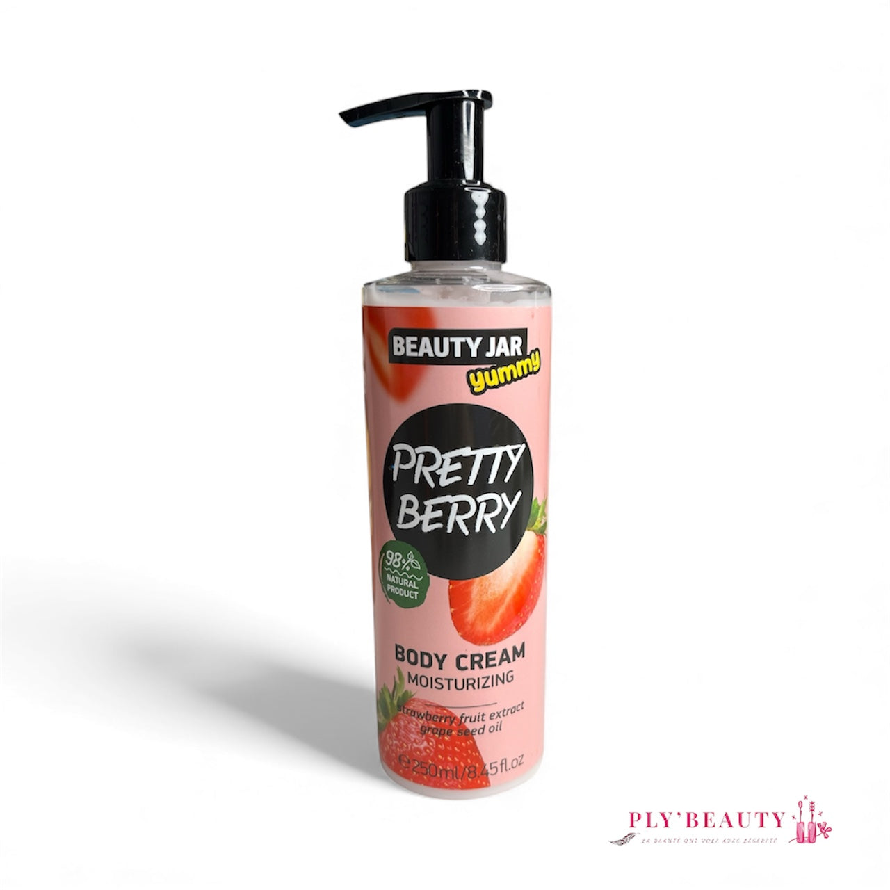 Crème corps Beauty Jar Pretty Berry 250 ml – parfum fraise, flacon pompe rose.