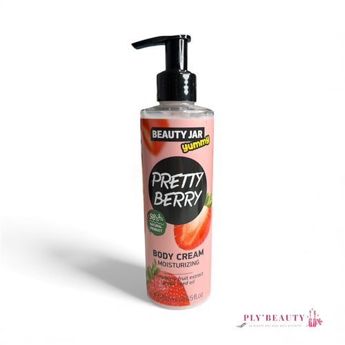 Crème corps Beauty Jar Pretty Berry 250 ml – parfum fraise, flacon pompe rose.