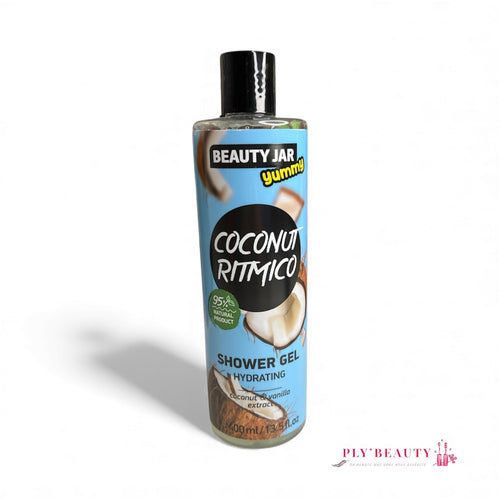 Gel douche Beauty Jar Coconut Ritmico 400 ml – parfum noix de coco et vanille, flacon bleu.