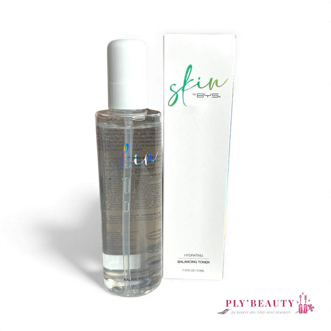 •	Skin by BYS Hydrating Balancing Toner 200 ml – flacon transparent – boîte blanche – Ply’Beauty
	•	Tonique hydratant Skin by BYS photographié en studio
